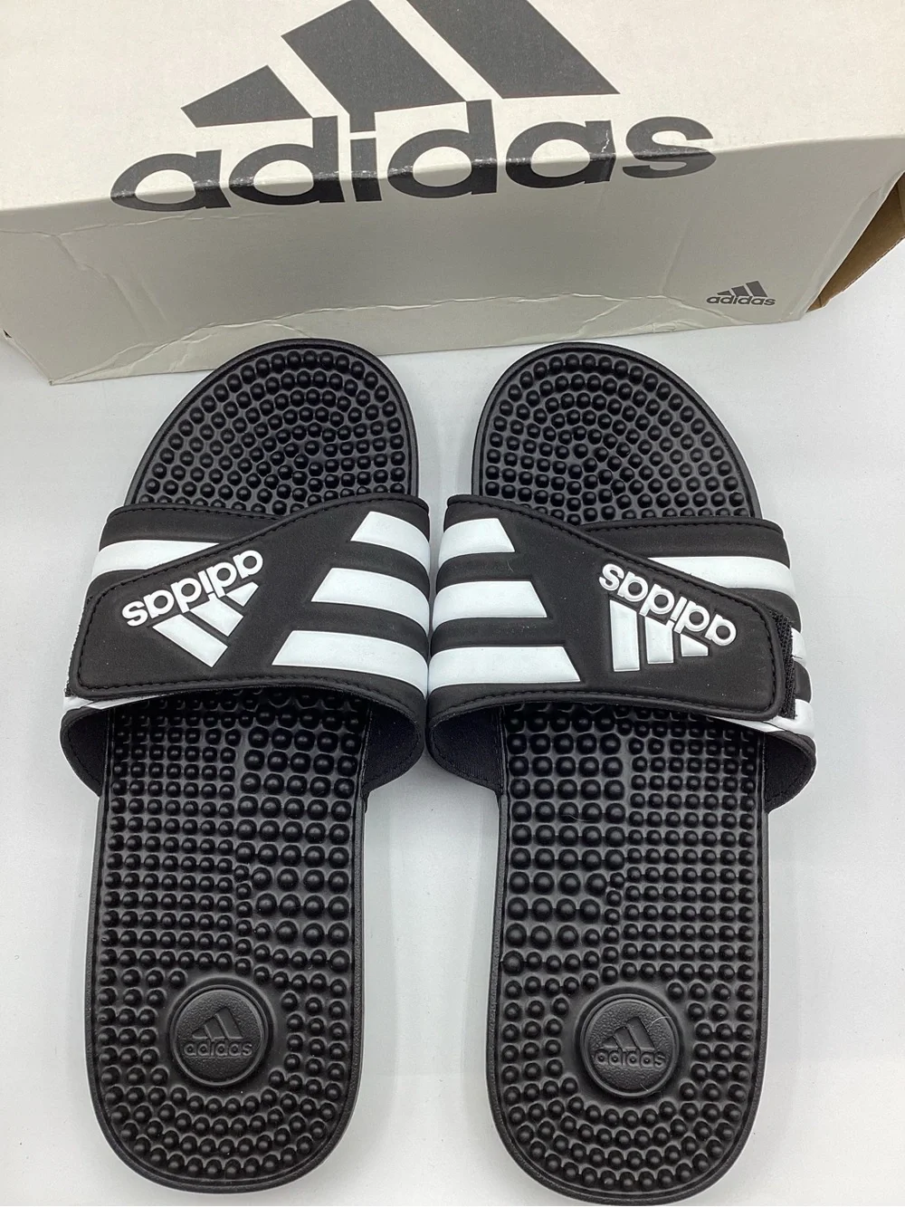 Adidas Black and White Slide Sandals with Cushioned Massage Footbed Men’s 10